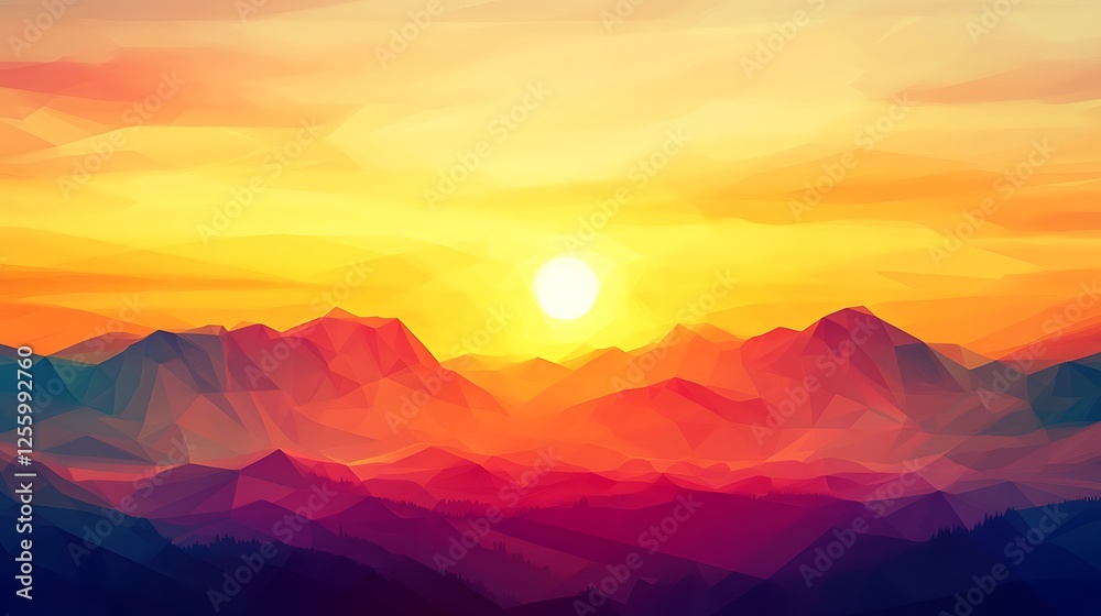 Sunset Over Polygonal Mountain Range Landscape Sunset Over Polygonal Mountain Range Landscape
