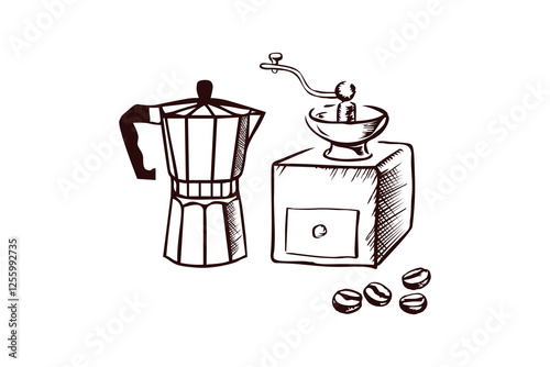 hand drawn coffee pot and coffee bean grinder icon