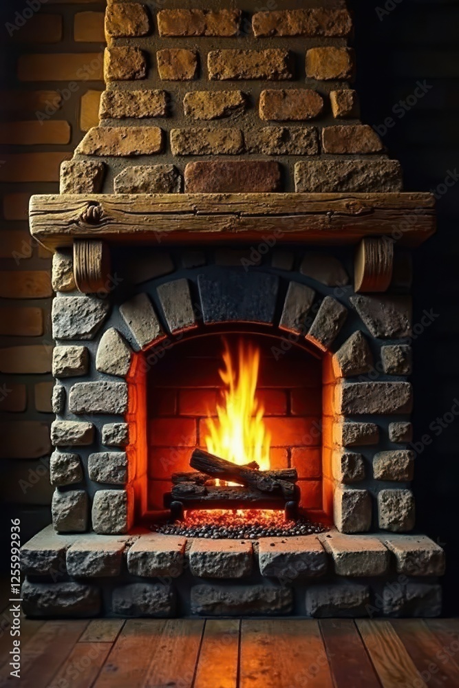 Warm orange flames dance in a rustic stone fireplace , orange, winter Warm orange flames dance in a rustic stone fireplace , orange, winter