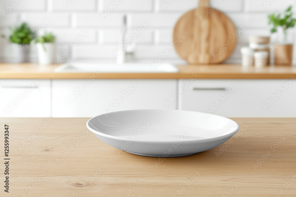 Empty white plate on a wooden kitchen table . Empty white plate on a wooden kitchen table .