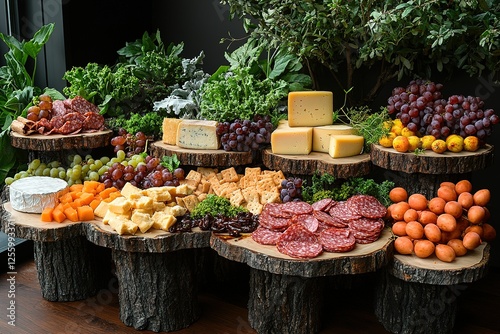 Elaborate charcuterie board of gourmet cheese fruit salami and crackers staged on tiered wooden platforms amongst greenery and a black backdrop photo