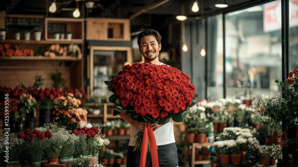 Naklejka premium Portrait of man with bunch of flowers in a flower shop