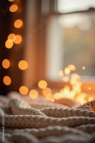 Cozy Knitted Blanket Near Window with Warm Lights