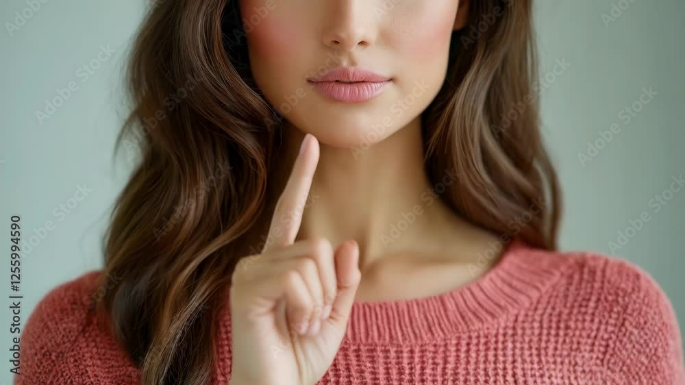 Caucasian woman in coral sweater pointing finger up, showing warning gesture indoors. Close up portrait with wavy brown hair, natural makeup. Attention, warning and communication Caucasian woman in coral sweater pointing finger up, showing warning gesture indoors. Close up portrait with wavy brown hair, natural makeup. Attention, warning and communication