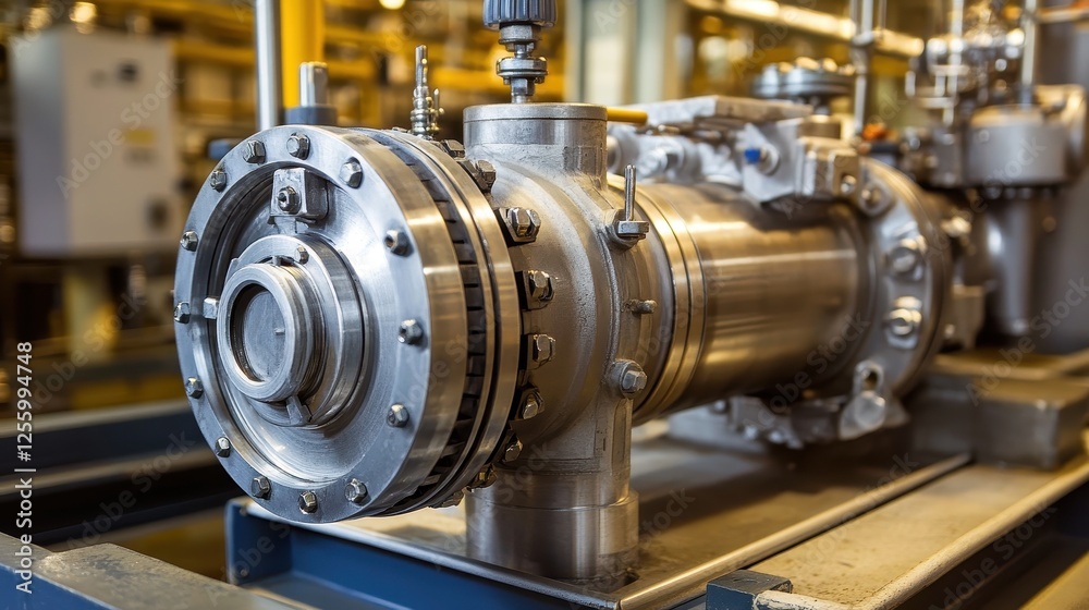 Petrochemical electric pump, intricate metal parts, robust casing, detailed connections in plant.