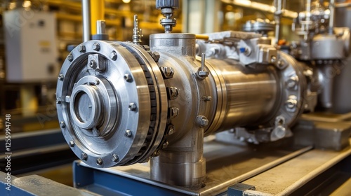 Obraz na płótnie Petrochemical electric pump, intricate metal parts, robust casing, detailed connections in plant. w salonie