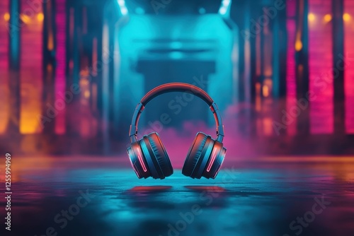 Vibrant headphones glowing in an energetic and colorful environment during an electrifying night party
