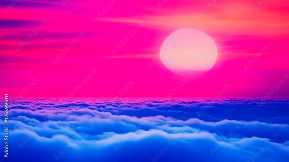 Vibrant sunset over a sea of clouds. Pink and blue hues create a dreamy atmosphere. Vibrant sunset over a sea of clouds. Pink and blue hues create a dreamy atmosphere.