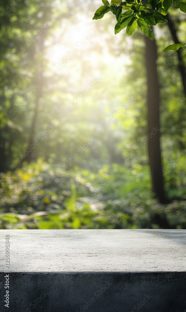 Sunlit forest backdrop with a stone surface perfect for showcasing nature inspired concepts Sunlit forest backdrop with a stone surface perfect for showcasing nature inspired concepts