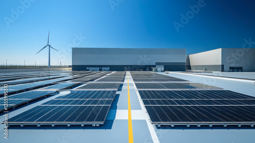 solar panel on factory roof with wind turbine and blue sky background