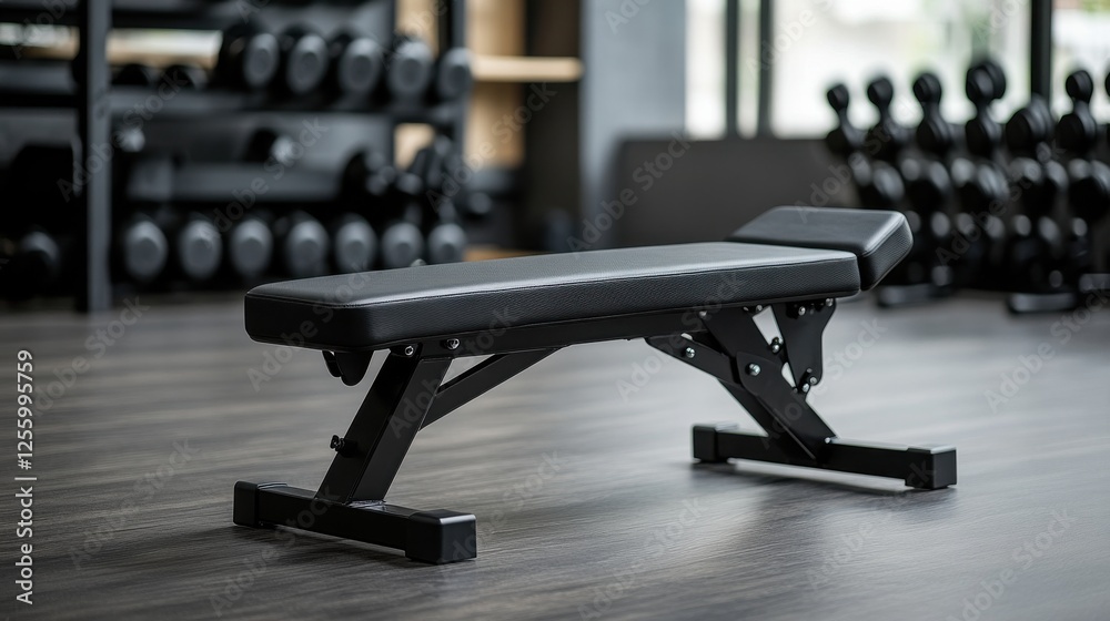 Fototapeta premium A black adjustable weight bench sits in a modern gym. Dumbbells are in the background, suggesting a workout environment. The bench is clean and well-maintained
