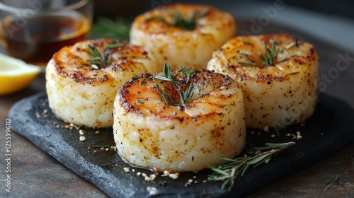 Crispy Shrimp Cakes, rosemary garnish, slate plate, soy sauce in background photo