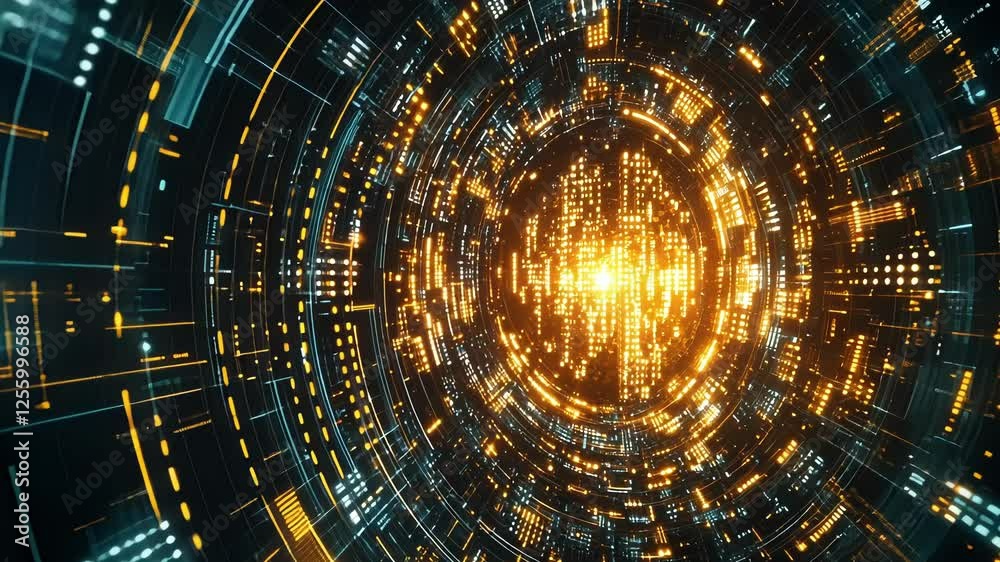 Orange and teal lights rotating inside a digital tunnel, creating a futuristic and technological atmosphere, ideal for backgrounds and visual effects