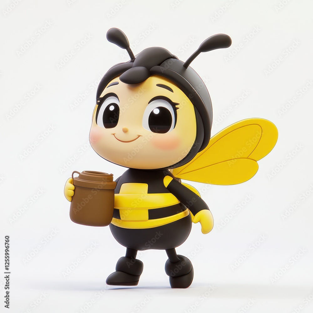 Cute bee cartoon character holding honey pot Cute bee cartoon character holding honey pot