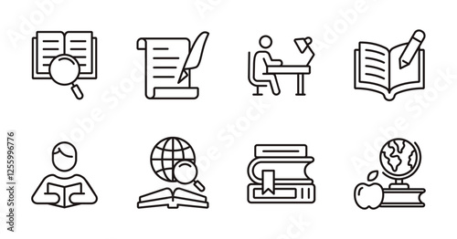study knowledge research cognition icon line set education journal literature learning read book library business success innovation signs vector outline illustration