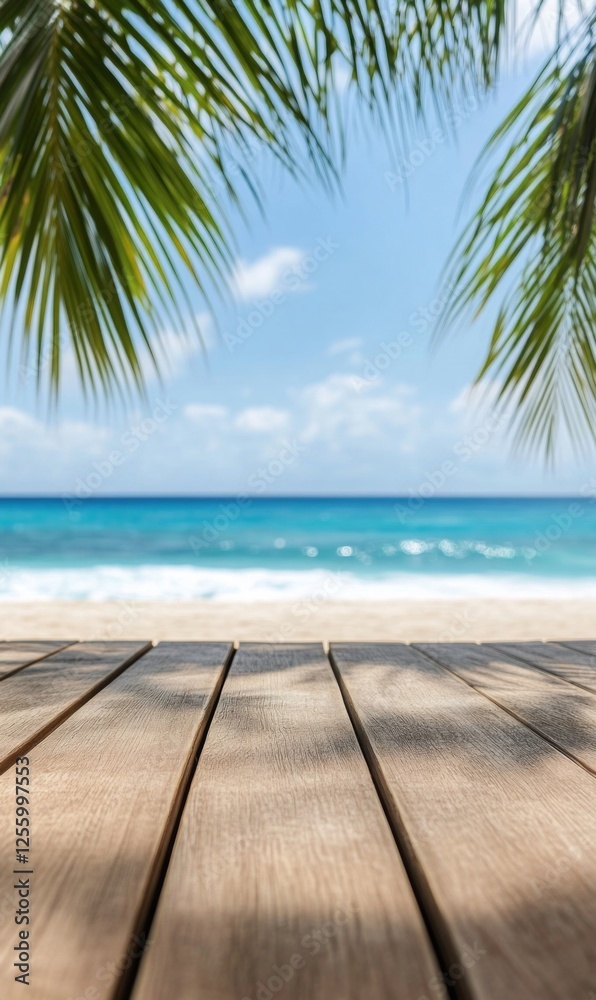 Fototapeta premium Tropical beach view through palm fronds from a rustic wooden boardwalk perspective