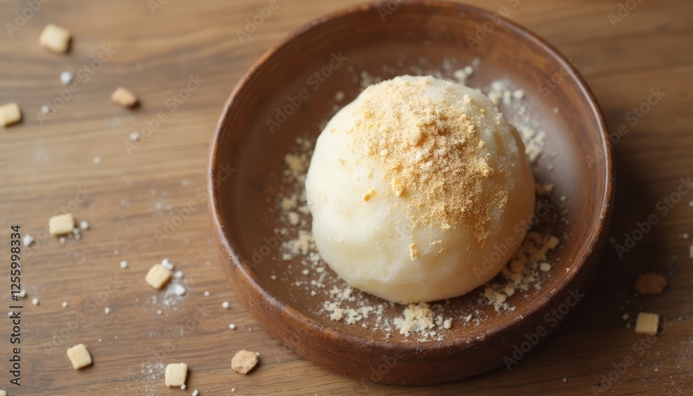Exquisite Daifuku Mochi Dessert with Kinako Powder on Rustic Wooden Plate Exquisite Daifuku Mochi Dessert with Kinako Powder on Rustic Wooden Plate