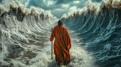 Moses parting the Red Sea, a biblical scene. He is wearing a red and white robe. He stands before high walls of water. High view from behind and in the distance.