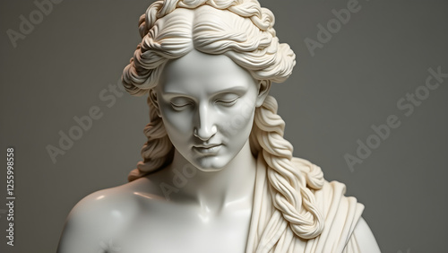 A classical marble statue bust of Juno, the Roman queen of the gods. Her serene yet powerful expression, intricate braided hair, and dignified posture embody wisdom, authority, and divine femininity.