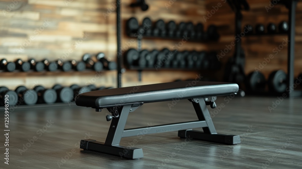 Fototapeta premium A black adjustable weight bench sits in a modern gym. Dumbbells are in the background, suggesting a workout environment. The bench is clean and well-maintained