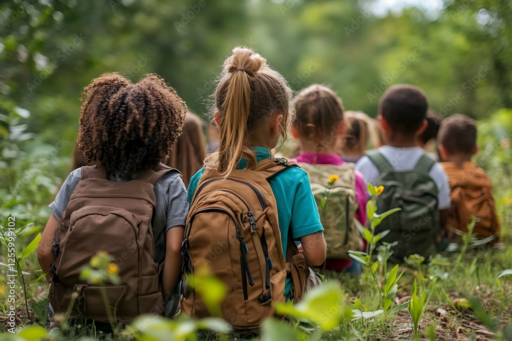 Fototapeta premium Diverse group of children with backpacks sitting in a forest.
