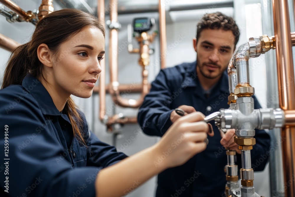 Two skilled plumbers collaborate on complex copper pipe network in an indoor technical setting Two skilled plumbers collaborate on complex copper pipe network in an indoor technical setting
