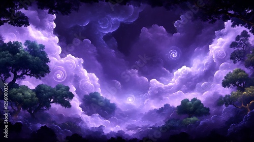 Purple Sky Dreamlike Forest Night Scene