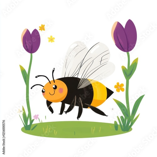 Cartoon bee flying amidst flowers and tulips. Illustration for children's book or educational material photo