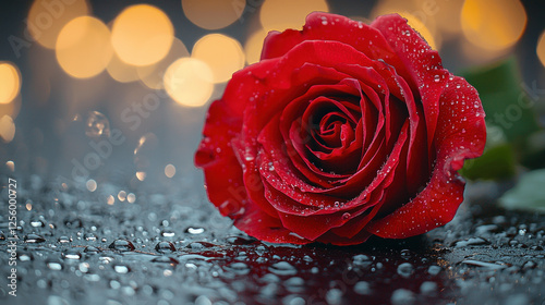Red rose with water drops on dark surface, bokeh background