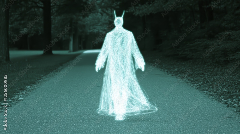 Ethereal figure walking down a path in a dark forest. Mysterious and glowing. Ethereal figure walking down a path in a dark forest. Mysterious and glowing.