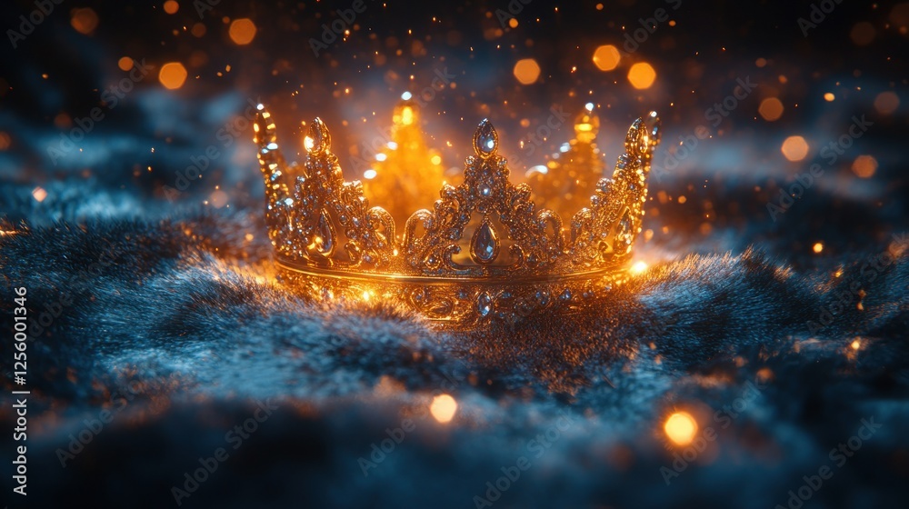 Naklejka premium Golden crown, dark fantasy, glowing, dust, power, royalty, achievement, success