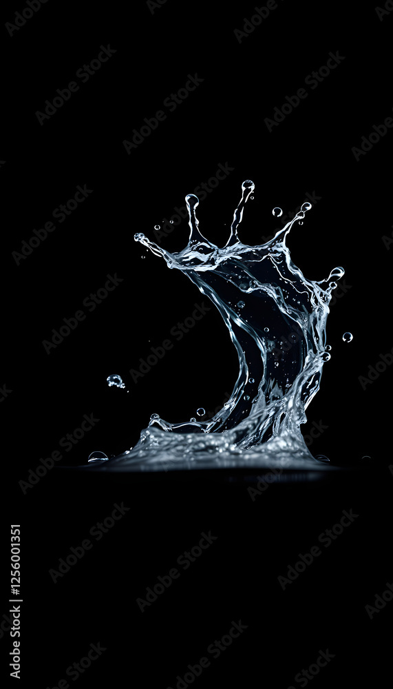 Water crown splash. On black background. Side view, dinamic scene. with white shades Water crown splash. On black background. Side view, dinamic scene. with white shades