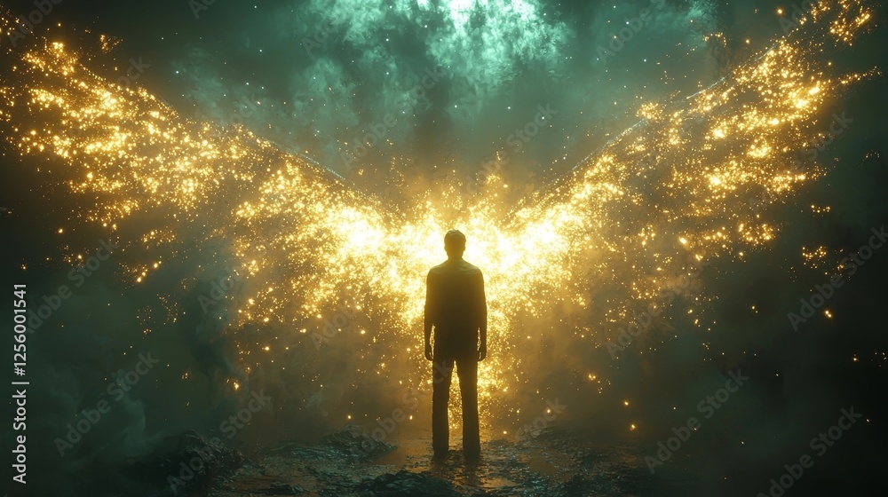 Fototapeta premium Surreal Depiction of a Glowing Winged Figure Symbolizing Spiritual Ascension and Awakening