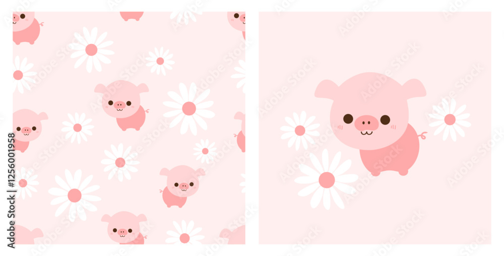Seamless pattern with pig cartoons and daisy flower on pink background vector. Seamless pattern with pig cartoons and daisy flower on pink background vector.