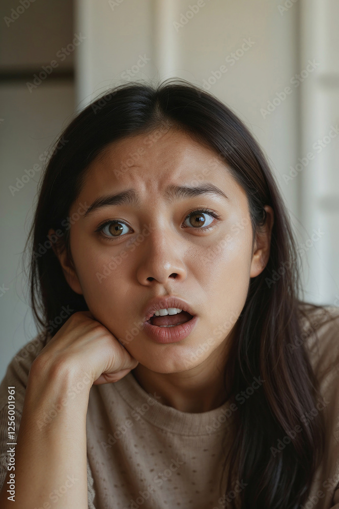 Face of Asian woman with a dubious expression and surprise looking at camera Face of Asian woman with a dubious expression and surprise looking at camera