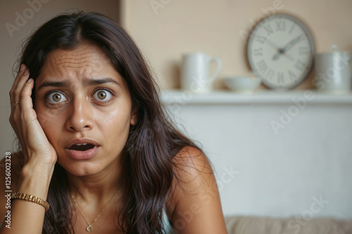 Portrait of Indian woman with a dubious expression and surprise at home. Family problems, fear, emotion