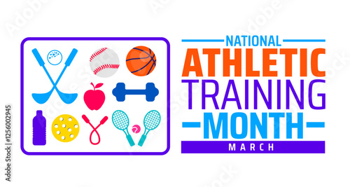 National Athletic Training Month background banner or poster design template. observed every year in March. Holiday concept. Use to any Template, card, poster, placard, template.