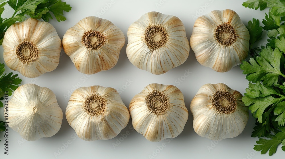 Fototapeta premium Still life showcasing garlic bulbs and vibrant parsley arrangement