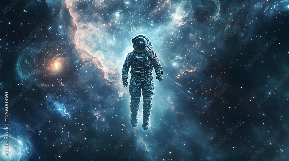 Fototapeta premium Astronaut floating in space surrounded by stars and nebula