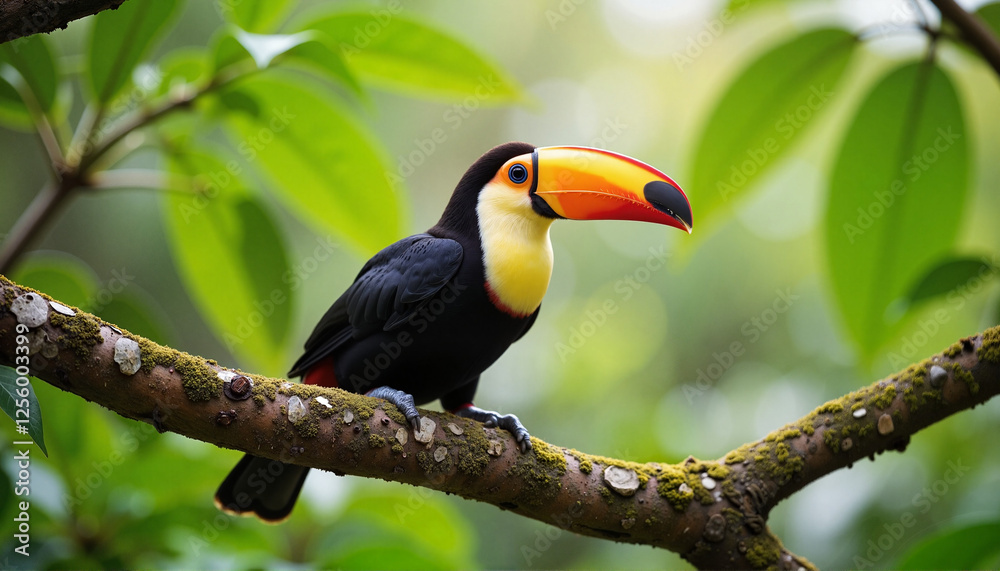 Naklejka premium Colorful toucan resting on mossy branch, exotic birdwatching experience