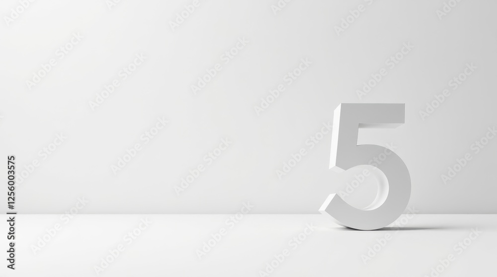 A minimalist white number five stands alone against a stark white backdrop, creating a simple yet striking visual representation of a numerical concept. A minimalist white number five stands alone against a stark white backdrop, creating a simple yet striking visual representation of a numerical concept.