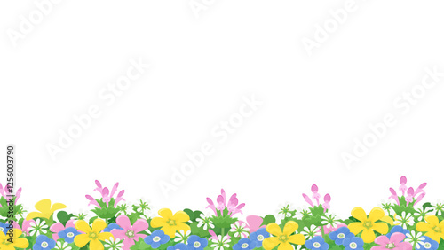 春の草花が咲いているフレームのイラスト素材_16:9