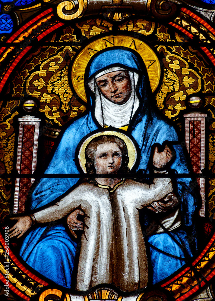 Fototapeta premium Stained glass (19th century) of Virgin Mary with her mother St. Anne. .