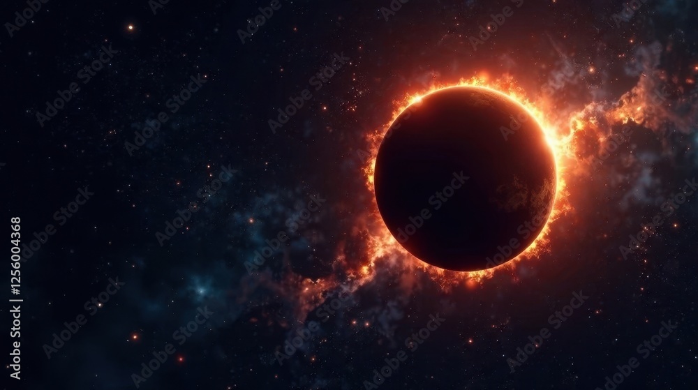 Fiery Celestial Body Enveloped in a Glowing Halo of Plasma, Orbiting Through a Dark Nebula Filled with Distant Stars Fiery Celestial Body Enveloped in a Glowing Halo of Plasma, Orbiting Through a Dark Nebula Filled with Distant Stars