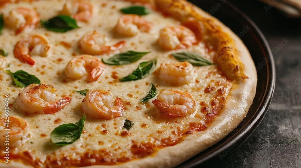A delicious shrimp pizza topped with fresh basil leaves, featuring a golden crust and creamy cheese, perfect for seafood lovers. A delicious shrimp pizza topped with fresh basil leaves, featuring a golden crust and creamy cheese, perfect for seafood lovers.
