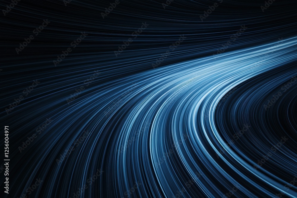 Smooth, curved blue lines form a dynamic abstract pattern, conveying motion and energy against a dark background in a minimalist style