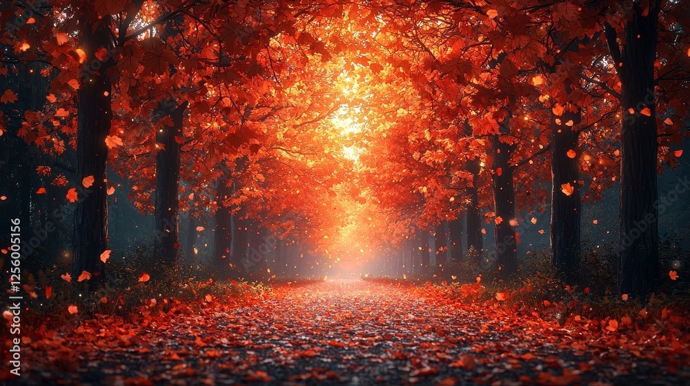 Fototapeta premium Glowing Autumn Forest Clearing with Radiant Mandala of Fallen Leaves