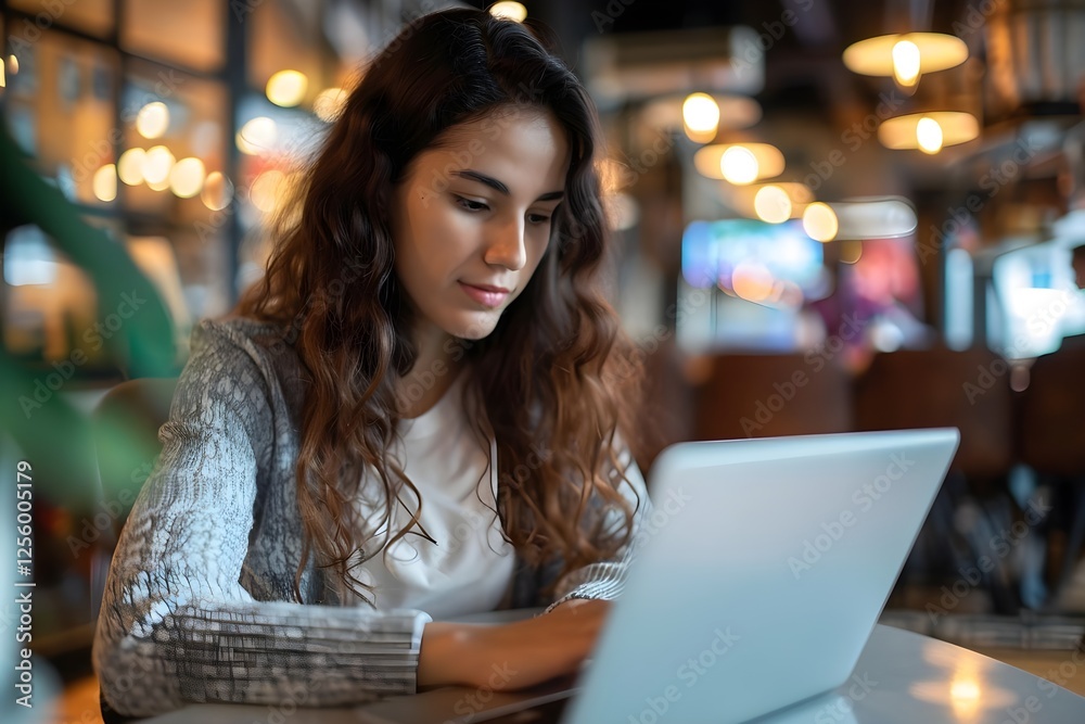 Fototapeta premium Woman Works on Laptop in Coffee Shop, Typing Efficiently and Focused, Concentrating on Project, Quietly and Calmly, Achieving Goals Through Digital Technology.