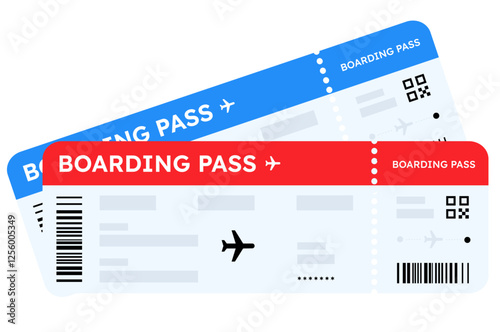 Boarding pass vector illustration. Two air plane tickets template. Airline flight pass concept. Blue departure document. Blue airplane tickets design. Blank boarding pass template isolated.