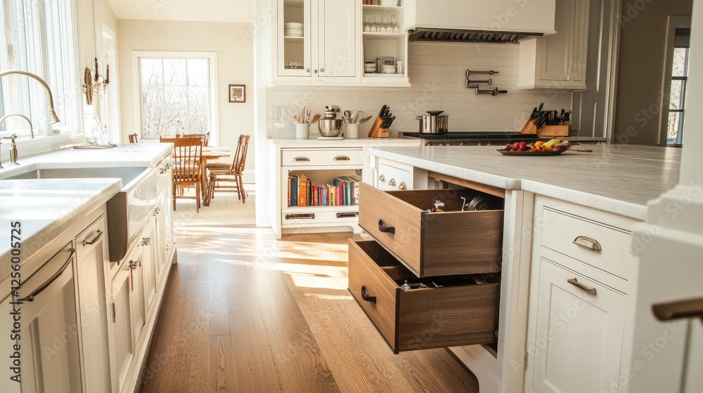 Well-organized kitchen layout with pull-out drawers, a breakfast bar, and minimalistic cabinetry for a tidy, functional space Well-organized kitchen layout with pull-out drawers, a breakfast bar, and minimalistic cabinetry for a tidy, functional space